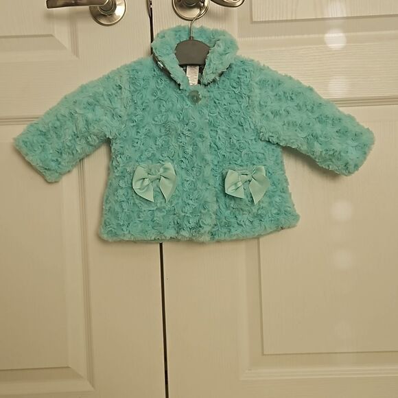 HP Little Me Toddler Girl Faux Fur Spring Jacket 12 Months Light Aqua - Picture 1 of 16
